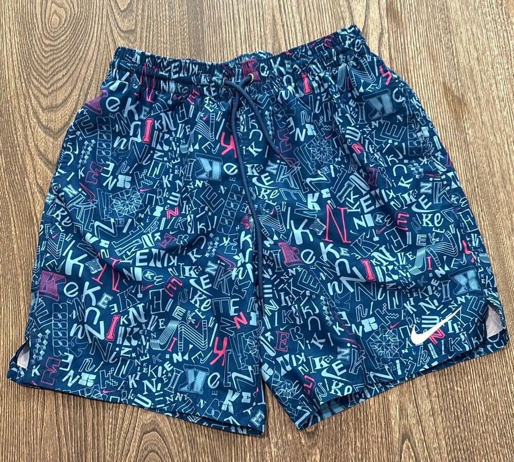 Nike Mens Swim Trunks Board Shorts Pull-On All Over Logo Print Blue Red Size sma